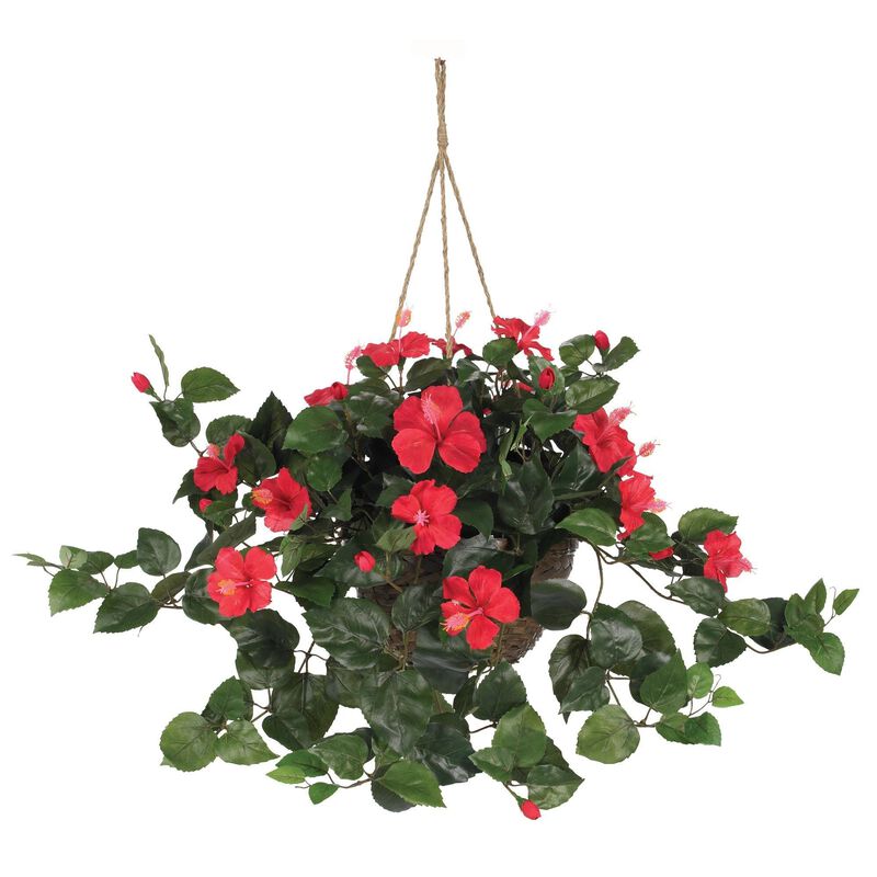Nearly Natural Hibiscus Hanging Basket - Red