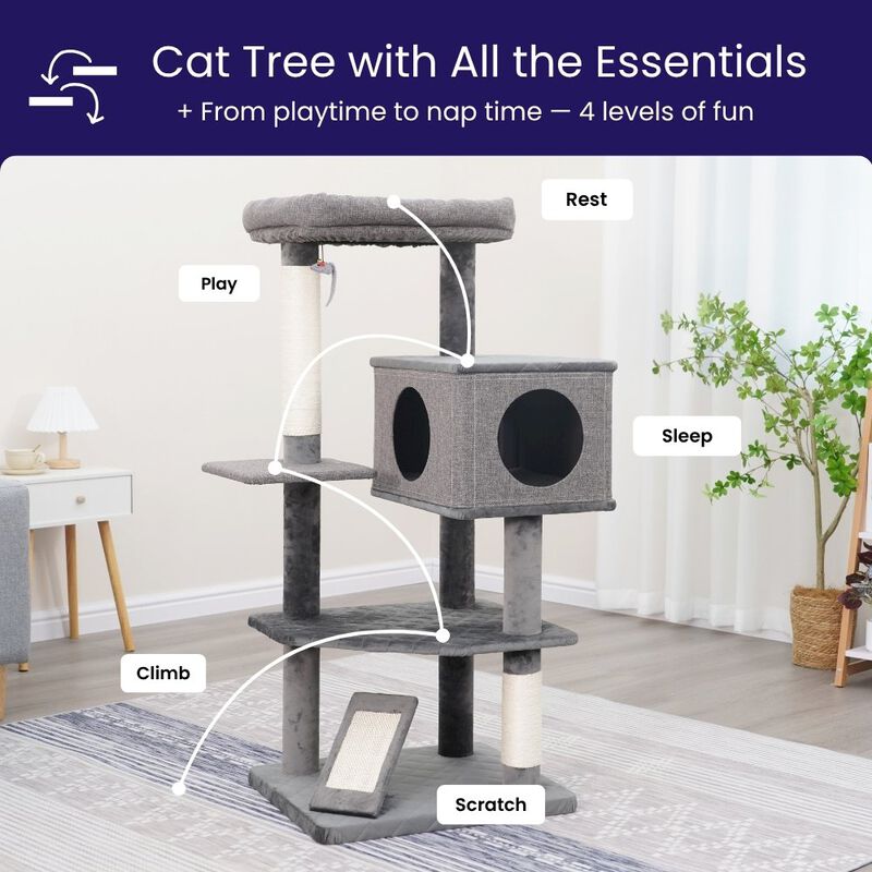 Catry 4-Level 49" Linen & Plush Cat Tree with Natural Sisal Scratchers, Spacious Condo
