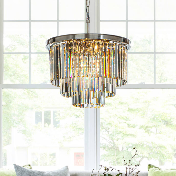 6-Lights Modern Polished Nickel 3-Tier Round Crystal Fringe Chandelier