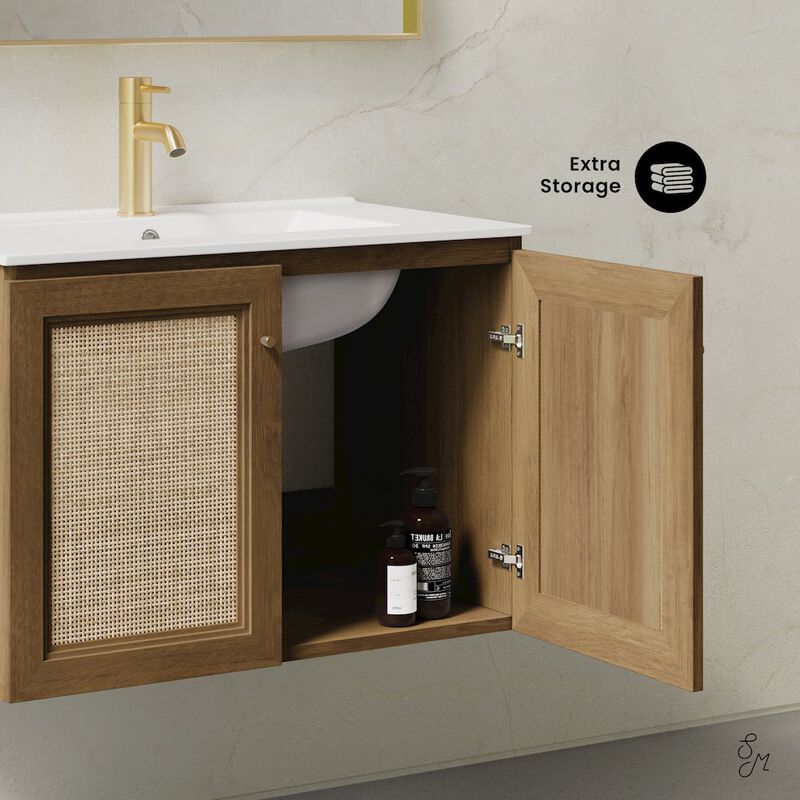 30" Wall-Mounted Bathroom Vanity in Brown Oak with Single Faucet Hole Vanity Top image number 7