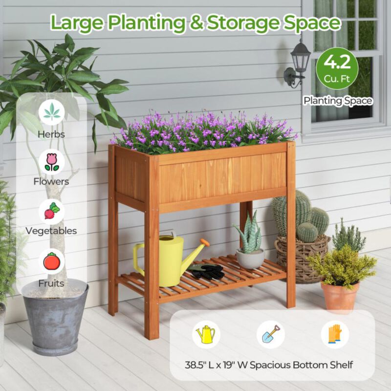 Hivvago Outdoor Raised Garden Bed Fir Wood Planter Box with Bottom Storage Shelf and Protective Liner