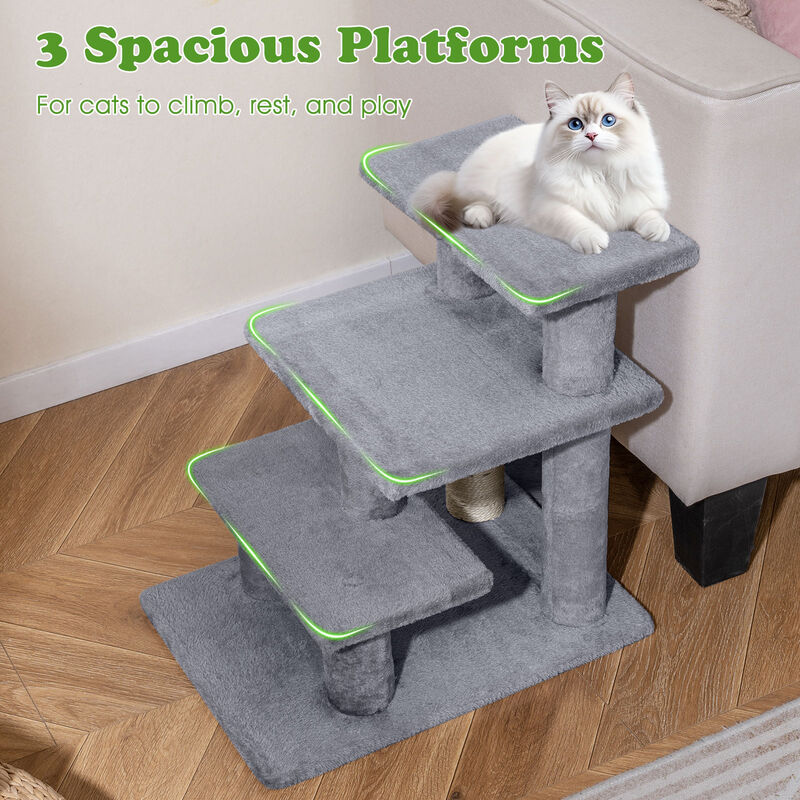 Plush 3 Tier Cat Stairs with Scratching Posts for Beds and Sofas-Grey image number 5