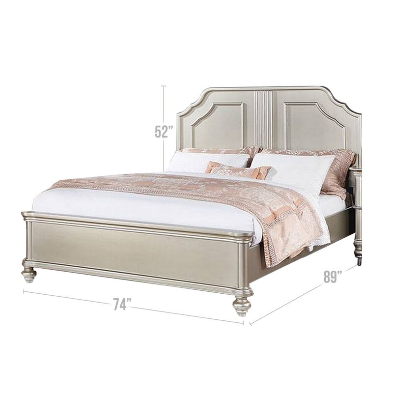 Opp Platform California King Bed with Panel Headboard, Champagne Silver - Benzara