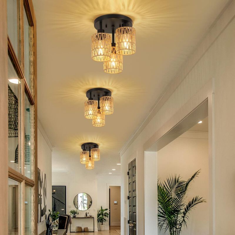 ELEMENT ACE 3-Light Hand-Woven Natural Rattan Semi Flush Mount Ceiling Light, Boho Rustic Farmhouse Style Ambient Lighting for Hallway Living Room Bedroom Entryway image number 5