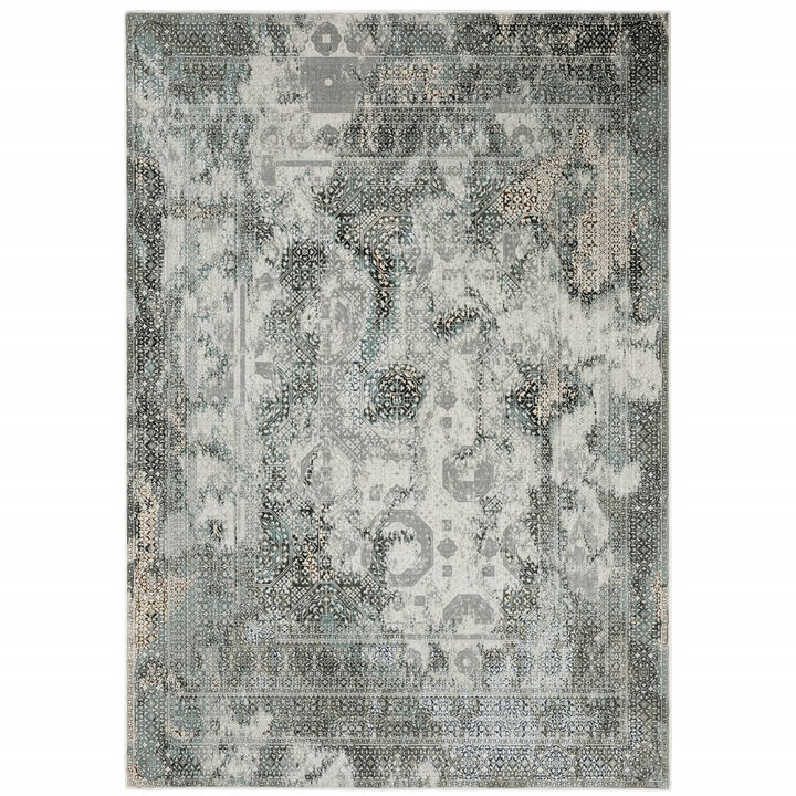10 X 13 Ivory grey charcoal Blue And Rust Oriental Power Loom Stain Resistant Area Rug