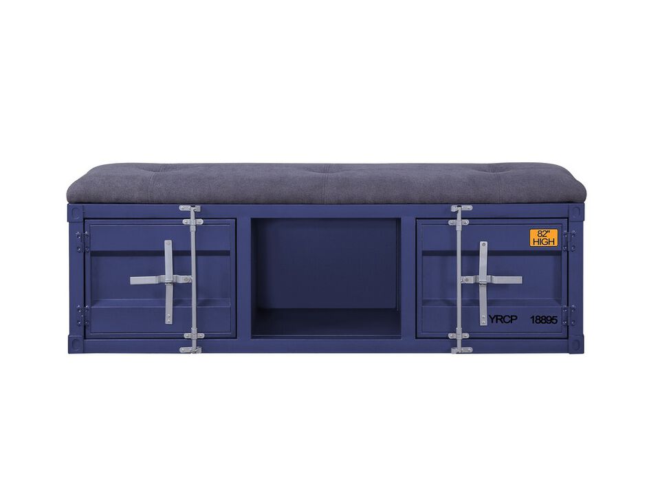 Industrial Metal and Fabric Bench with Open Storage, Blue and Gray - Benzara