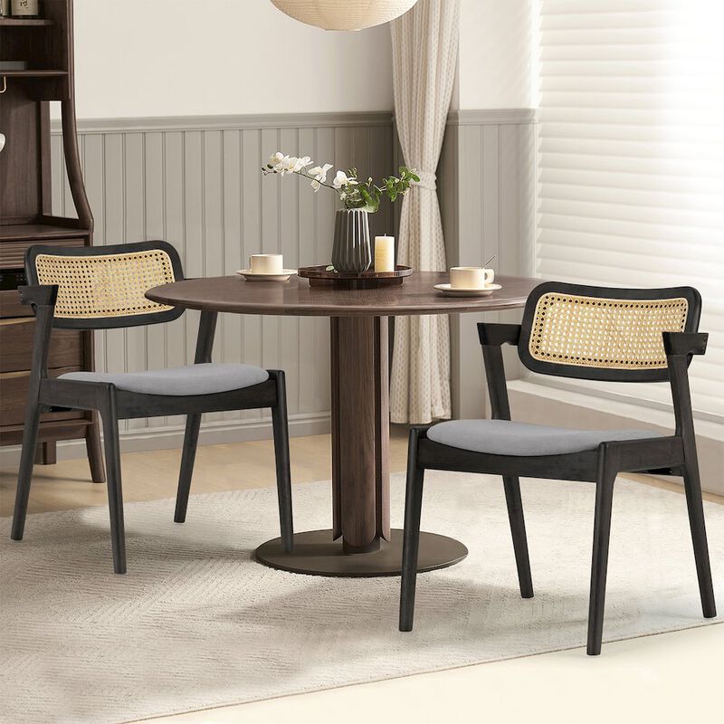 Glamour Home Set of 2 Azula Gray Fabric Dining Chair with Rattan Back and Black Wood Legs