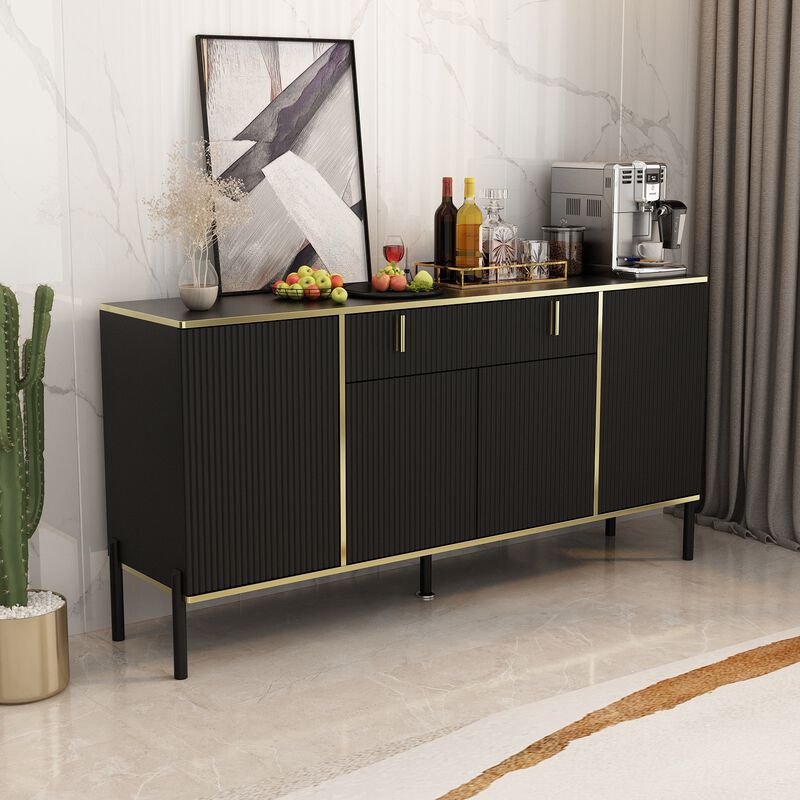 Black Wavy Paint Finish Floor-Standing Sideboard Cupboard with 4-Doors 2-Drawers Adjustable Shelves