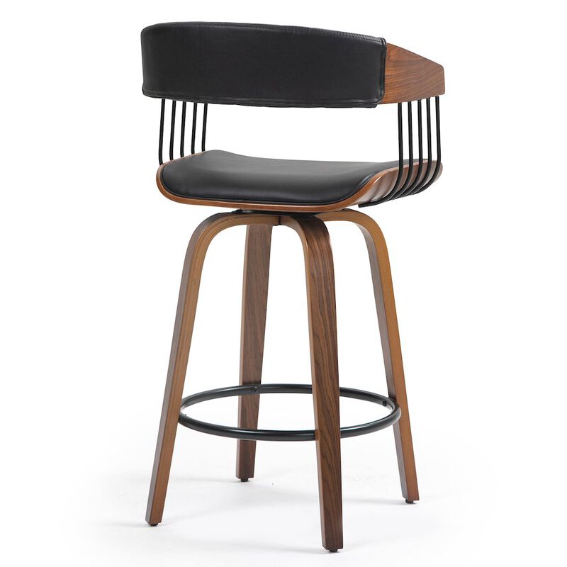 Glamour Home Beaumont Black Faux Leather Counter Stool with Walnut Wood Frame and Legs