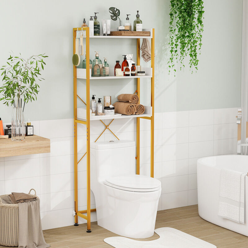 Over The Toilet Storage Rack with Hooks and Adjustable Bottom Bar