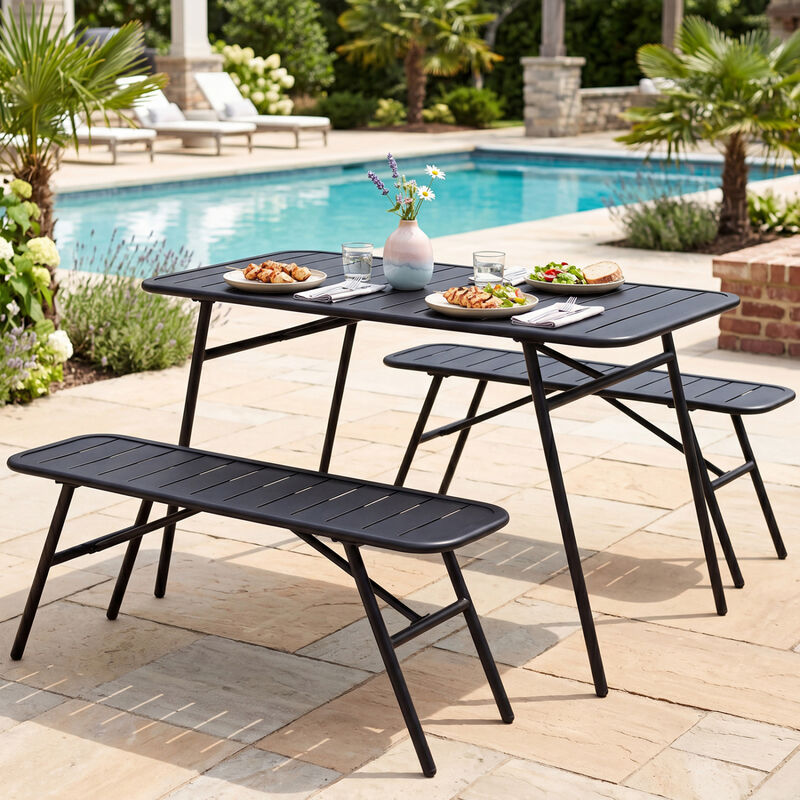 Outdoor Patio Dining Set 3 Piece with Table and 2 Benches for Garden, Deck, Backyard Use-Black image number 5