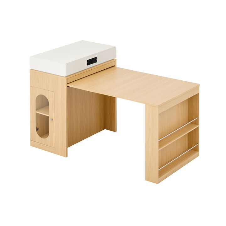 Whisen Extendable Dining Table 57.7"x32.7", Glass & MDF, w/Drawers, Power Outlet, Kitchen Island on Wheels