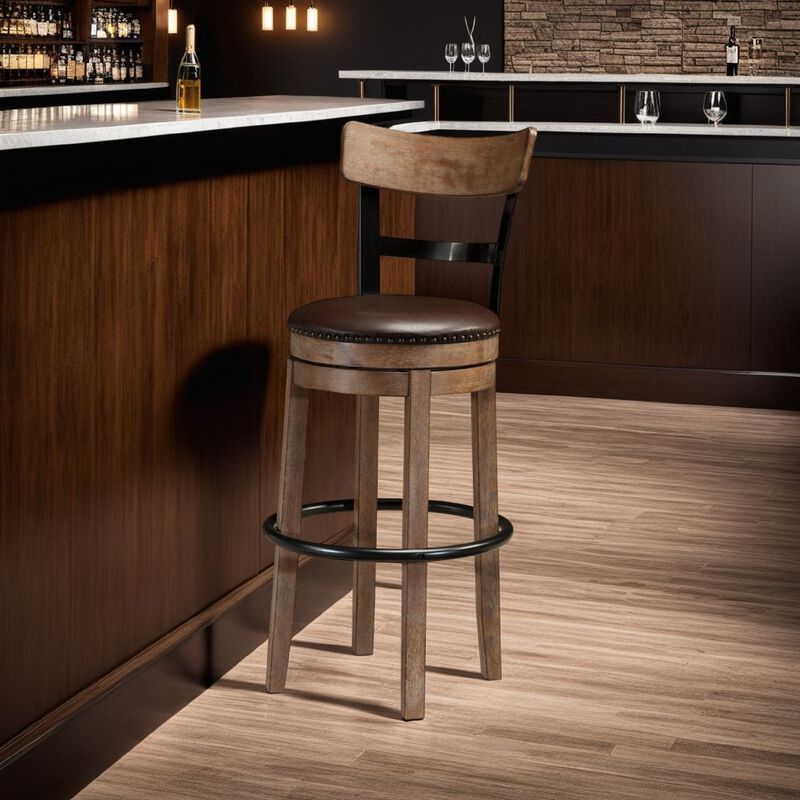 Pine Swivel Barstool Chair, 31 Inch, Industrial Brown Faux Leather - Benzara
