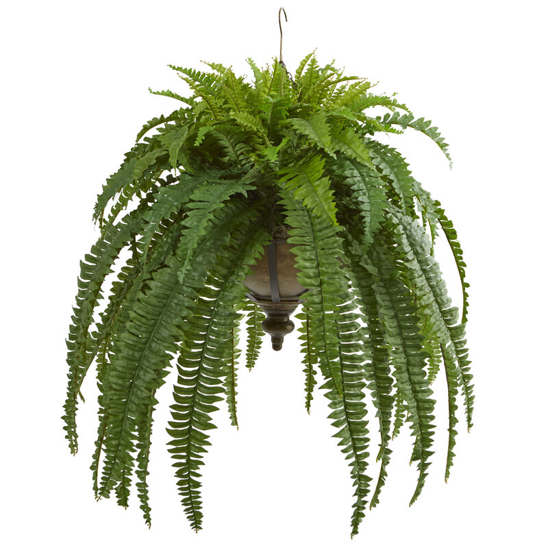 Hivvago 39" Boston Fern Artificial Plant in Metal Hanging Bowl