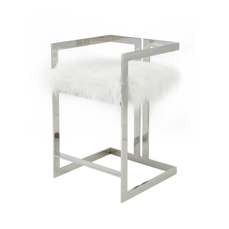 Suki 26 Inch Counter Stool Chair, White Faux Fur, Silver Stainless Steel - Benzara