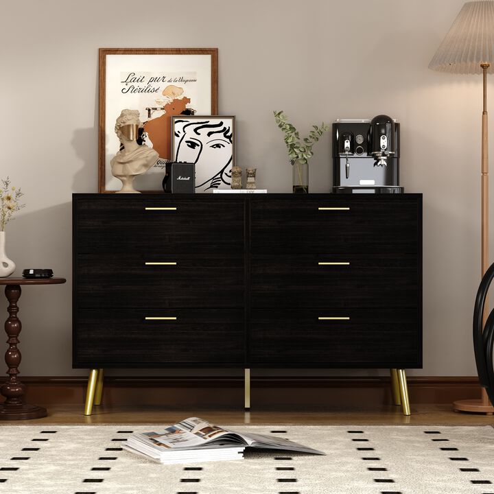 47.2&rdquo; 6 Drawer Dresser, Modern 6-Drawer Chest with Gold Metal Handles, Bedroom Dresser with Gold Metal Legs, for Living Room Entryway (47.2&rdquo;W x 15.7&rdquo;D x 30.1&rdquo;H)