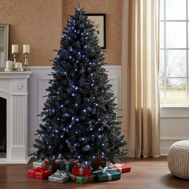 HomeRoots 7.5' Black Pre Lit Full Spruce Christmas Tree image number 1