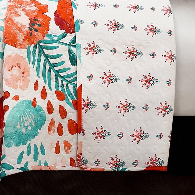 Hivvago Full/Queen Red Poppy Flower White Teal Lightweight 3 Piece Cotton Quilt Set