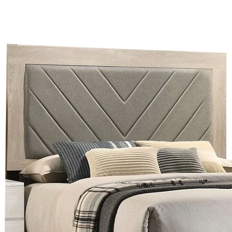 Cato Upholstered California King Bed, Tufted Gray Headboard, Cream White - Benzara
