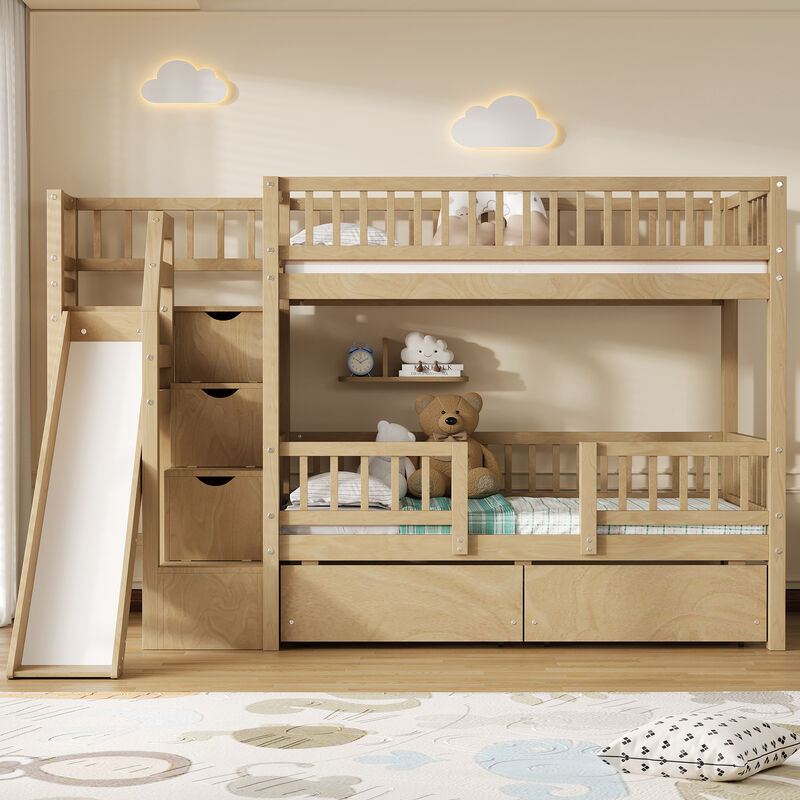 Merax Twin-Over-Twin White Bunk Bed with Storage Staircase, Slide & Drawers image number 2