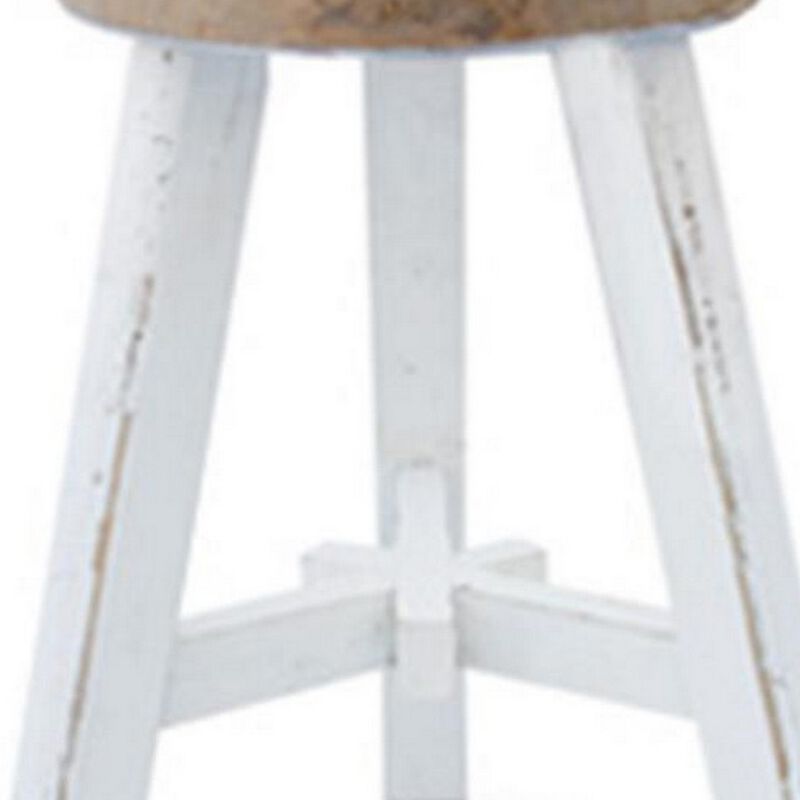 17 Inch Accent Stool, Round Brown Seat, Hand Painted White Tripod Legs-Benzara