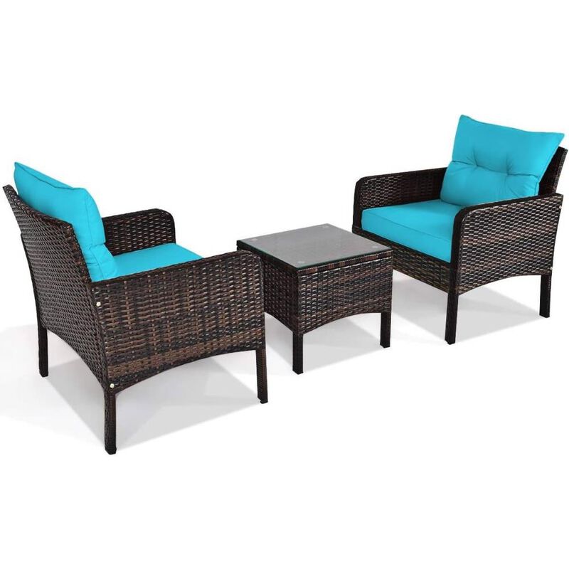 Hivvago 3-Piece Brown PE Rattan Outdoor Patio Furniture Dining Set w/ Turquoise Cushions