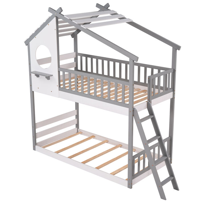 Twin Over Twin Bunk Bed Wood Bed with Roof, Window, Ladder ( Gray)
