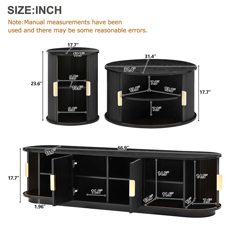 Clihome Wooden TV Stand Coffee Table Set with Fluted Sliding Door for Living Room image number 4