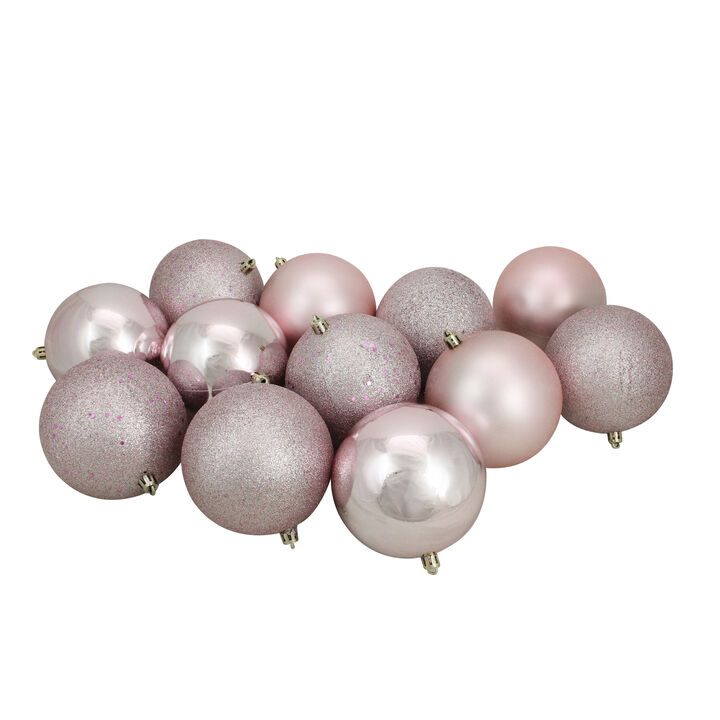 12ct Blush Pink Shatterproof 4-Finish Christmas Ball Ornaments 4" (100mm)