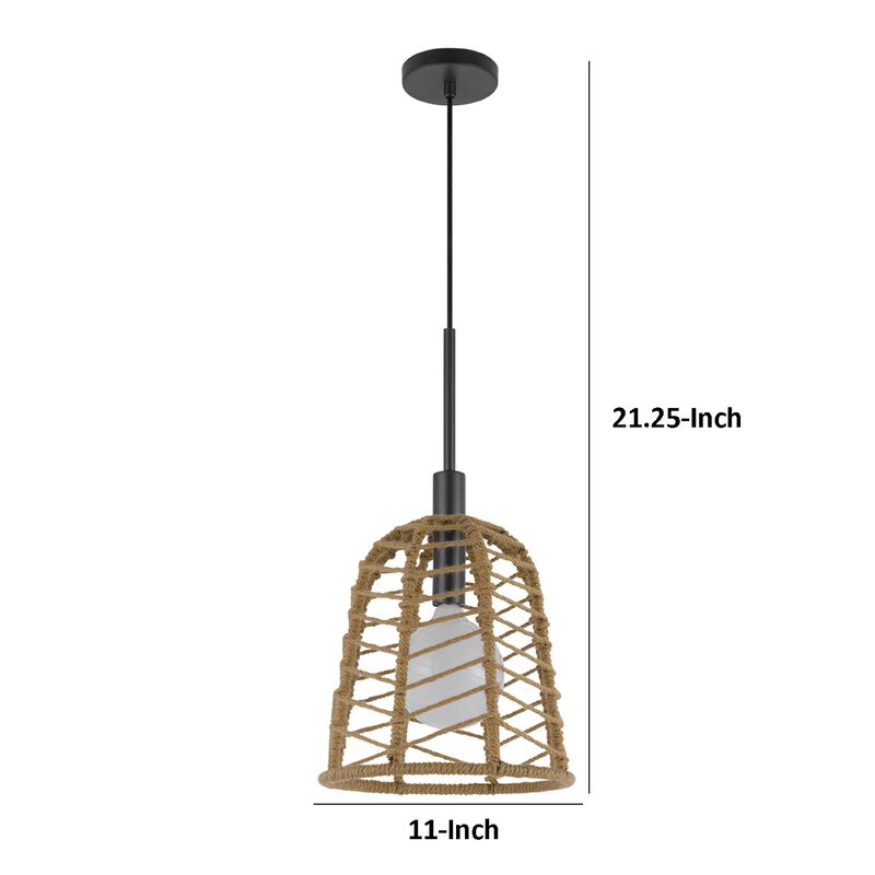 Pendant Light, Bell Style Caged Body with Braided Burlap Rope, Black Metal image number 7