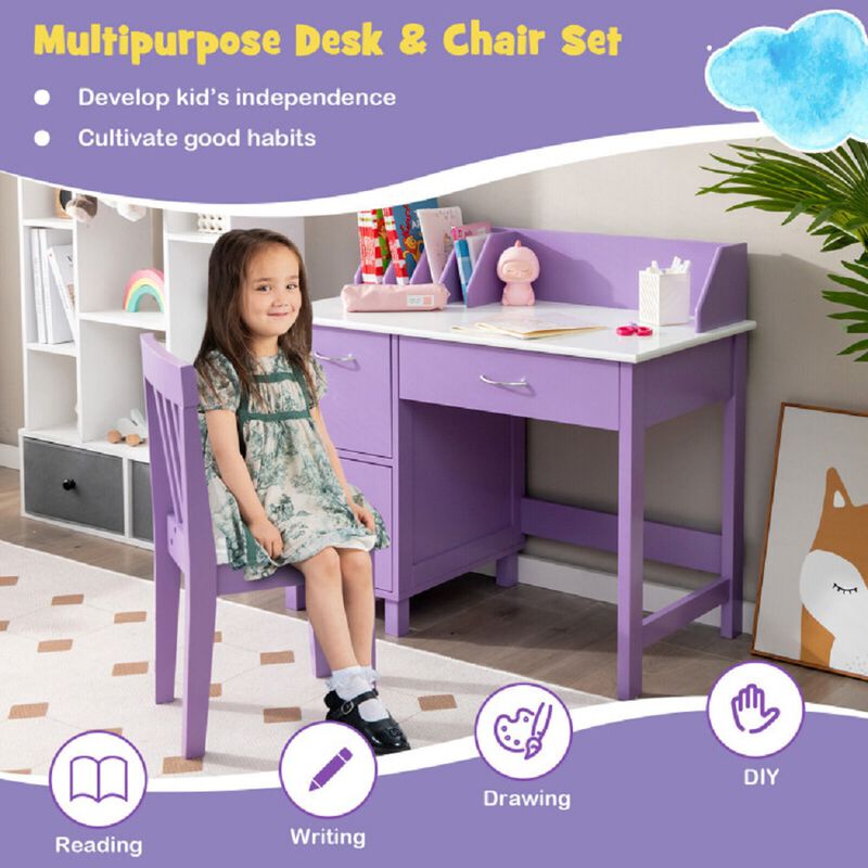 Multi-Functional Wooden Kids Desk Set with Drawer and Storage