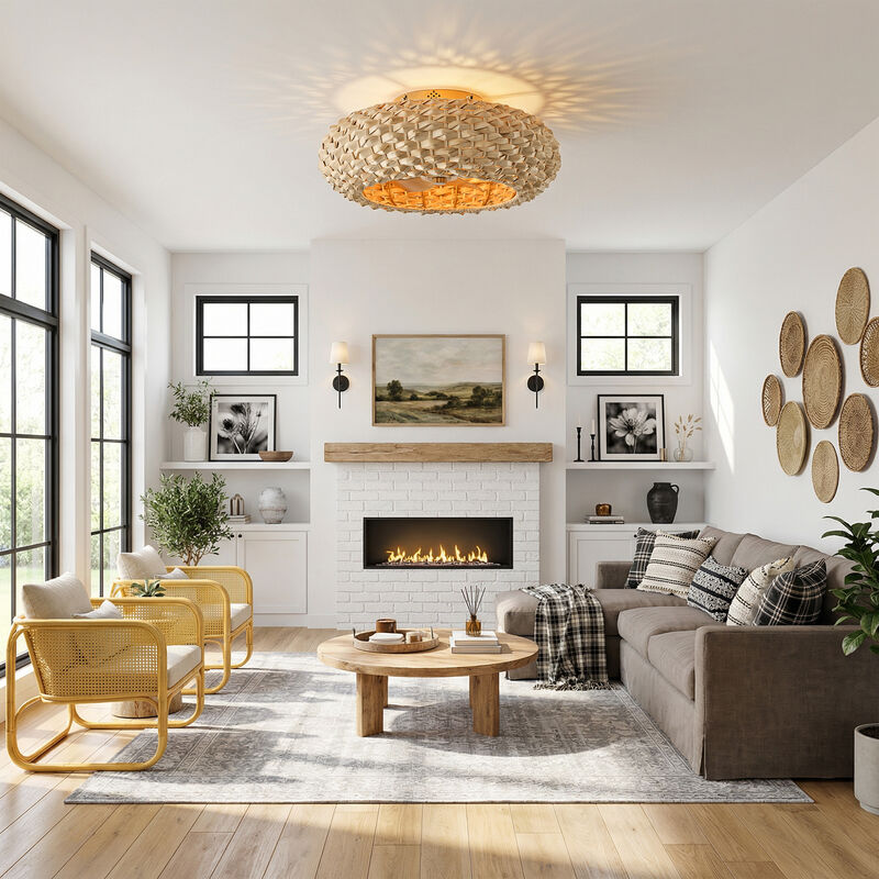 20.5" Farmhouse Antique Gold Caged Hand Woven Bamboo Ceiling Fan with Light and Remote for Bedroom, Hallway or Dining Hall image number 2