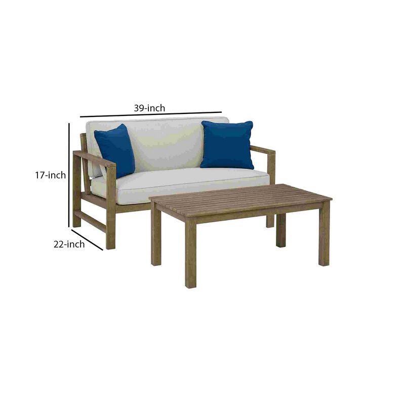 2 Piece Outdoor Loveseat and Table with Fabric Cushions, Brown-Benzara image number 5