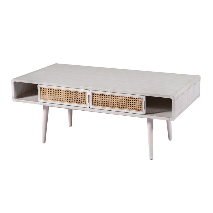 Camy Coffee Table, Brown Cane Woven Doors, Open Shelf, White 48 Inch