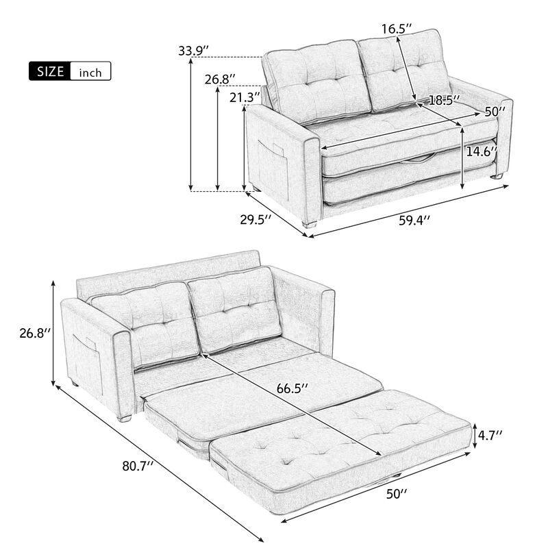Merax 59.4" Loveseat Sofa with Pull-Out Bed Modern Upholstered Couch with Side Pocket for Living Room Office image number 10
