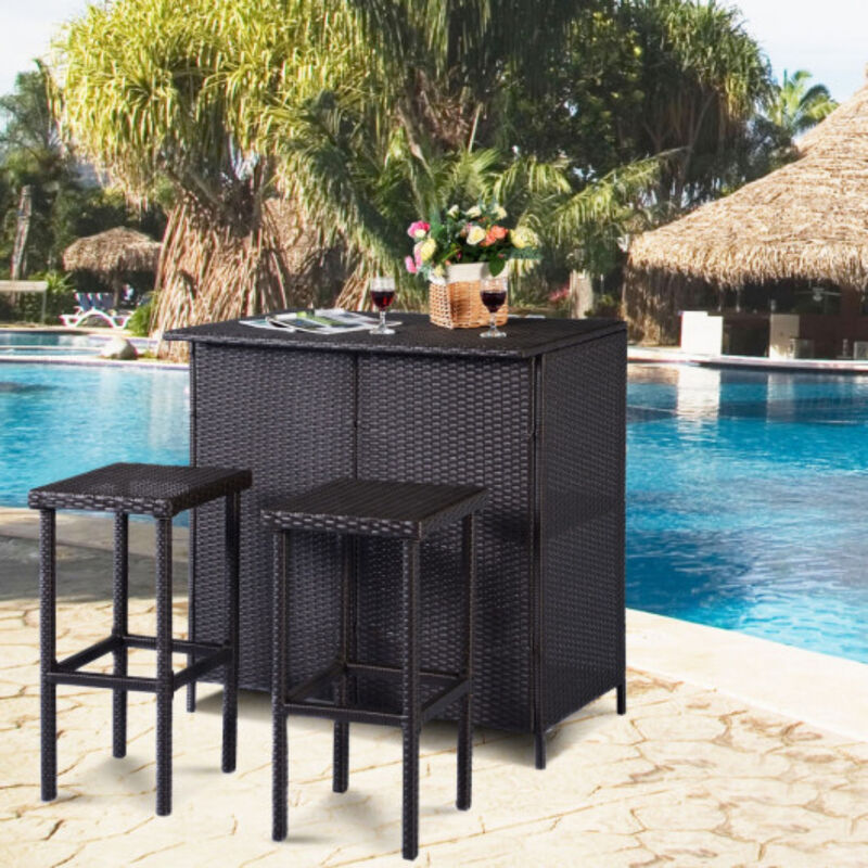 3 pcs Patio Outdoor Rattan Wicker Bar Table and 2 Stools