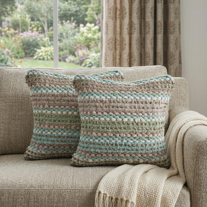 HomeRoots Set of Two 18" Beige Blue and Green Striped Cotton Blend Throw Pillows