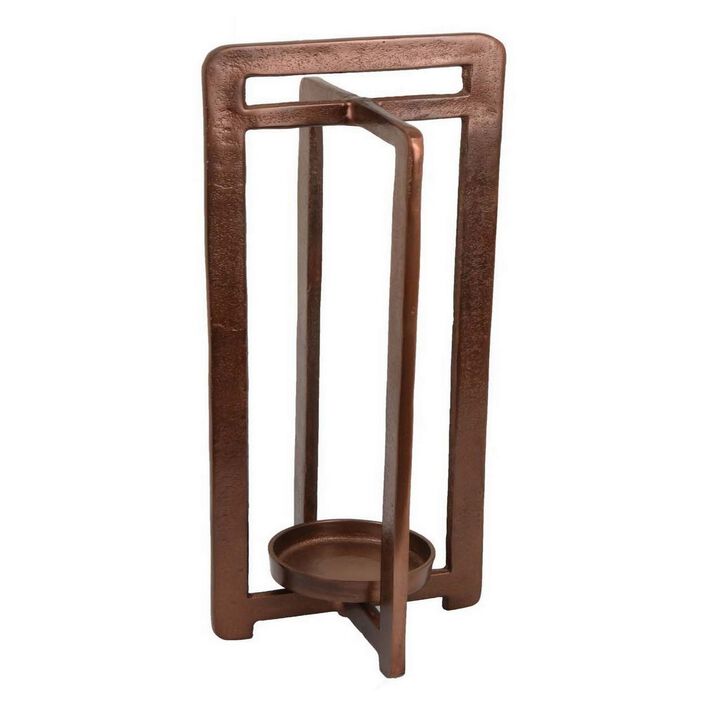 Eya 21 Inch Modern Tabletop Candle Lantern with Round Plate, Copper Metal  - Benzara