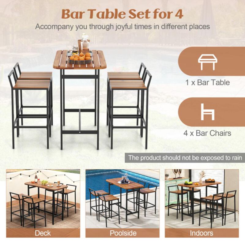 Hivvago 5 Piece Acacia Wood Bar Table Set Bar Height Table and Chairs with Metal Frame and Footrest