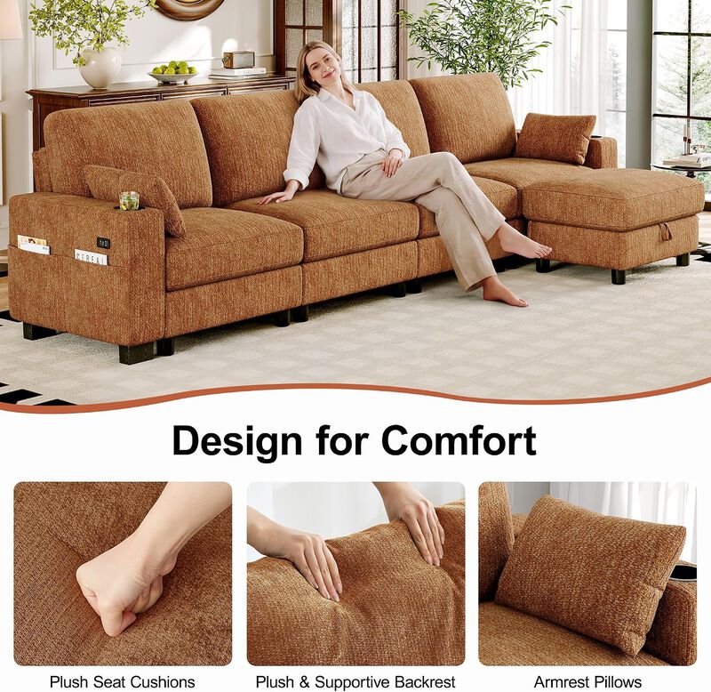 Vipbear 128 Inch Modular Sectional Sofa, Comfy Chenille 5 Seater L Shaped Cloud Couch with Ottoman image number 2