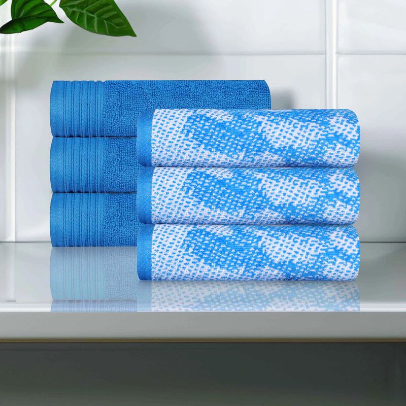 6 Piece Cotton Hand Towel Set with Marble Jacquard and Solid Designs image number 1