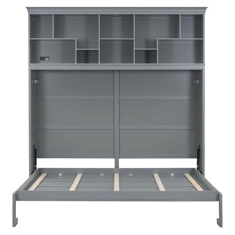 Whisen Modern Design Queen Size Murphy Bed Wall Bed, Folded into a Cabinet with Top Shelves and USB Ports