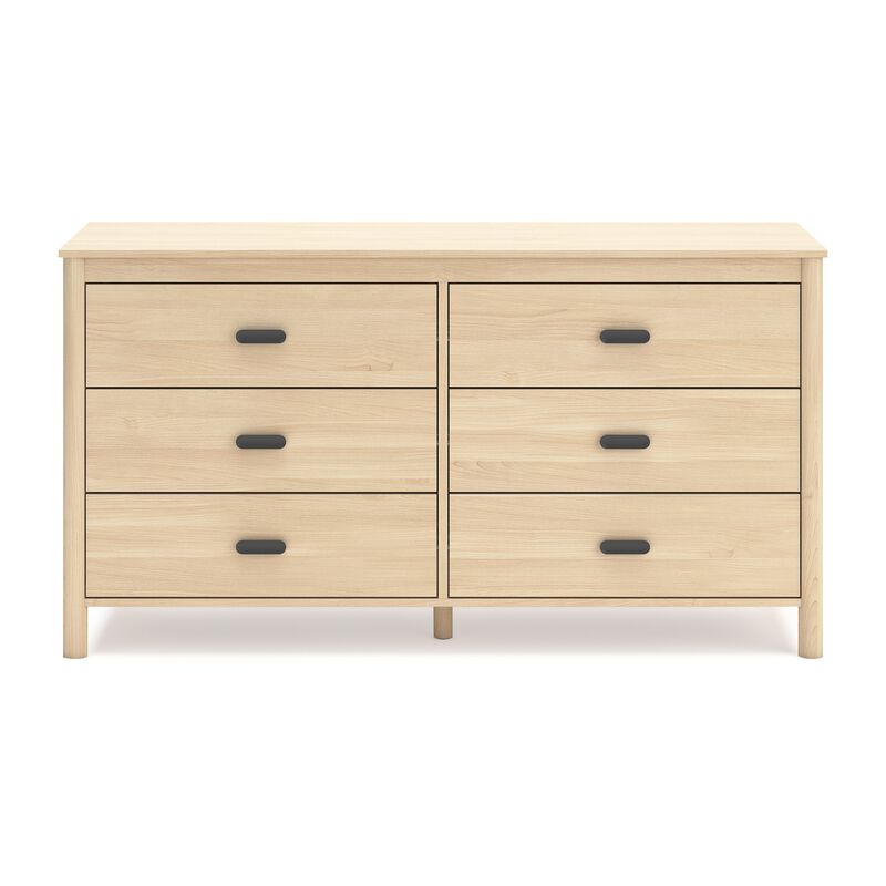 Abis Wide Dresser, 6 Drawers, Metal Handles, Natural Brown, 62 Inch - Benzara