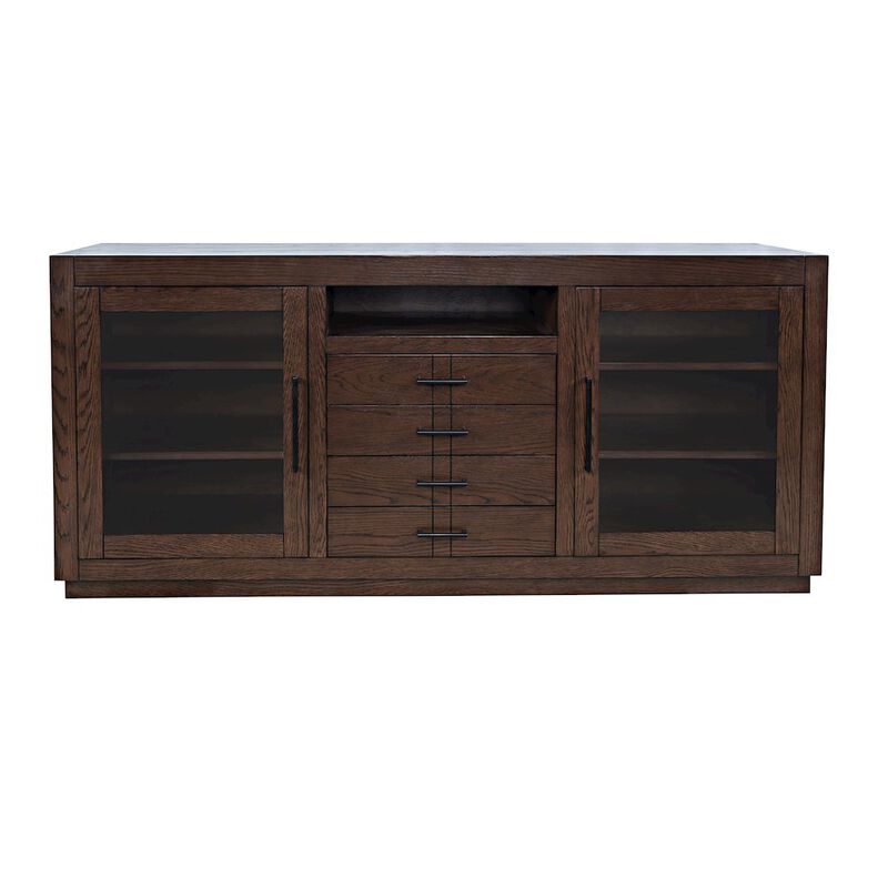 Jofran 70 Contemporary Media Console with Tempered Glass Doors, Drawers and Shelves