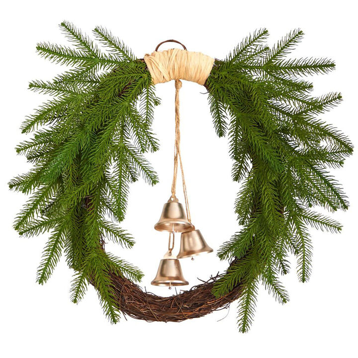 Nearly Natural 24-in Holiday Christmas Pine and Hanging Bells Wreath