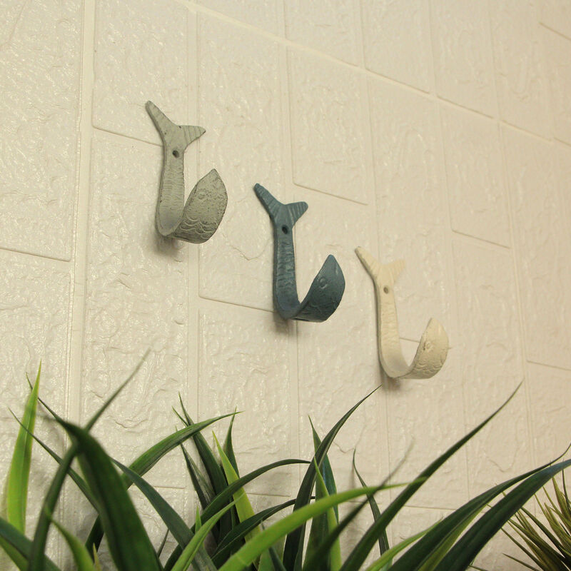 Set of 3 Cast Iron Flipping Fish Wall Hooks 4 Inches Long&ndash; Easy to Hang - Blue ,Gray, White - Coastal Decor Perfection for Beach Towels, Keys or Coats image number 6
