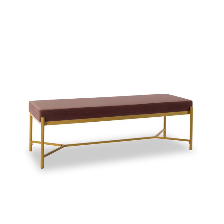 Lola 55 Inch Modern Foyer Bench, Dark Rose Velvet Seat and Gold Metal Frame-Benzara