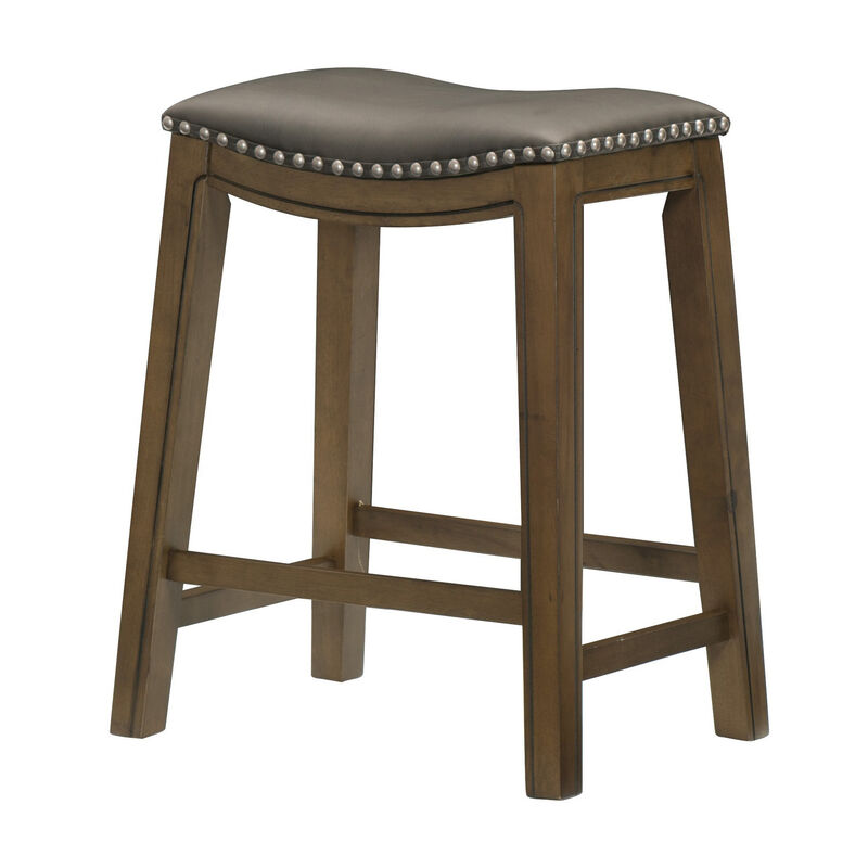 Miel 26 Inch Counter Height Stool, Gray Faux Leather Seat, Brown Solid Wood