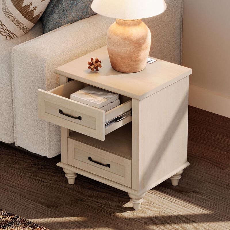 WAMPAT Set of 2 End Tables with Charging Station, Rustic Nightstand for Bedroom with 2 Drawers & Open Shelf, 2 Pack Wooden End T