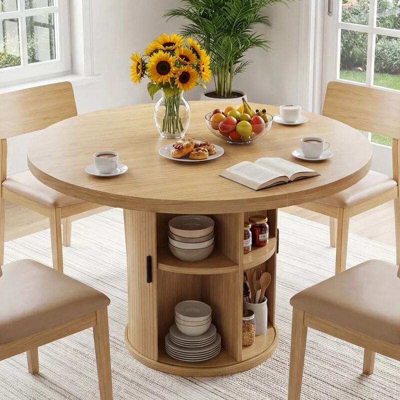 Vipbear 35.43" Round Dining Table for 4, Modern Wooden Kitchen Table with Built-in Storage Shelves image number 9